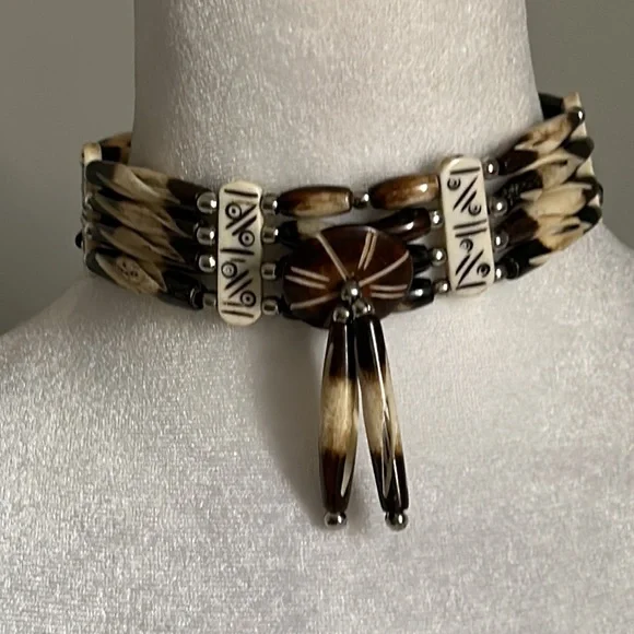 Native American Style Unisex Four Row Bone Hairpipe Bead Tie Choker Necklace - Picture 6 of 6